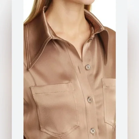 Nanushka Tippi Satin Long Sleeve Button-up Blouse in Sandstone size M - Picture 2 of 11